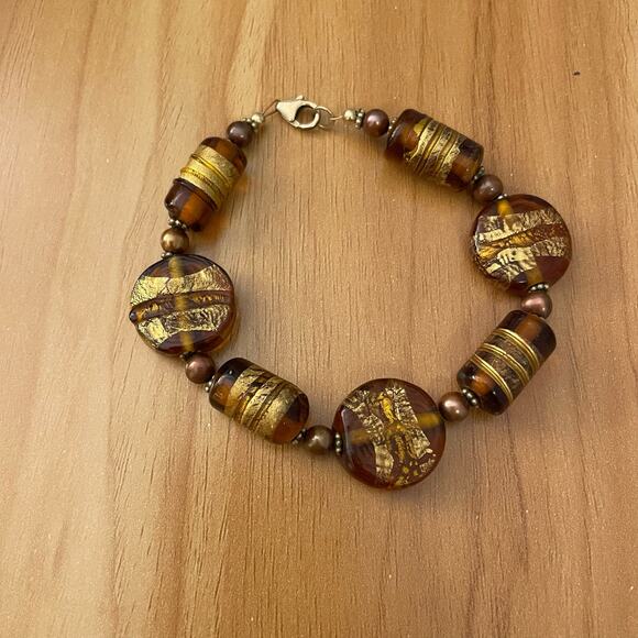 hand crafted 8 inch bracelet brown gold glass beads pearls - Picture 2 of 3